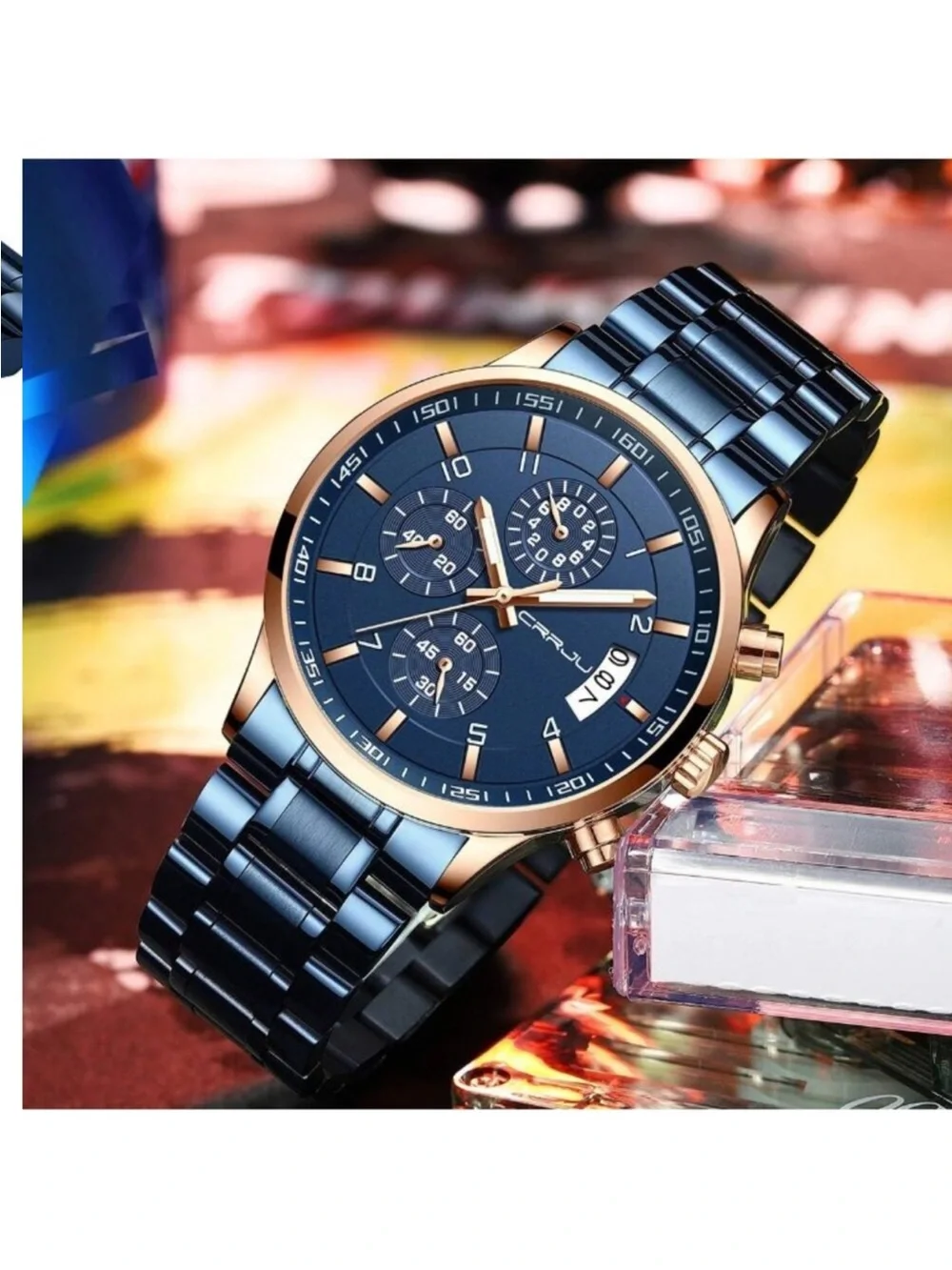 Men's Blue Rose Gold Analog Stainless Steel Waterproof Chronograph Wrist Watch